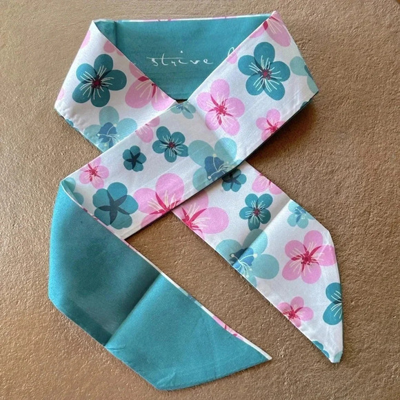 Reversible Pink & Green Cherry Blossom Twilly Narrow Scarf Tie Handbag Hair Bow - Picture 1 of 8